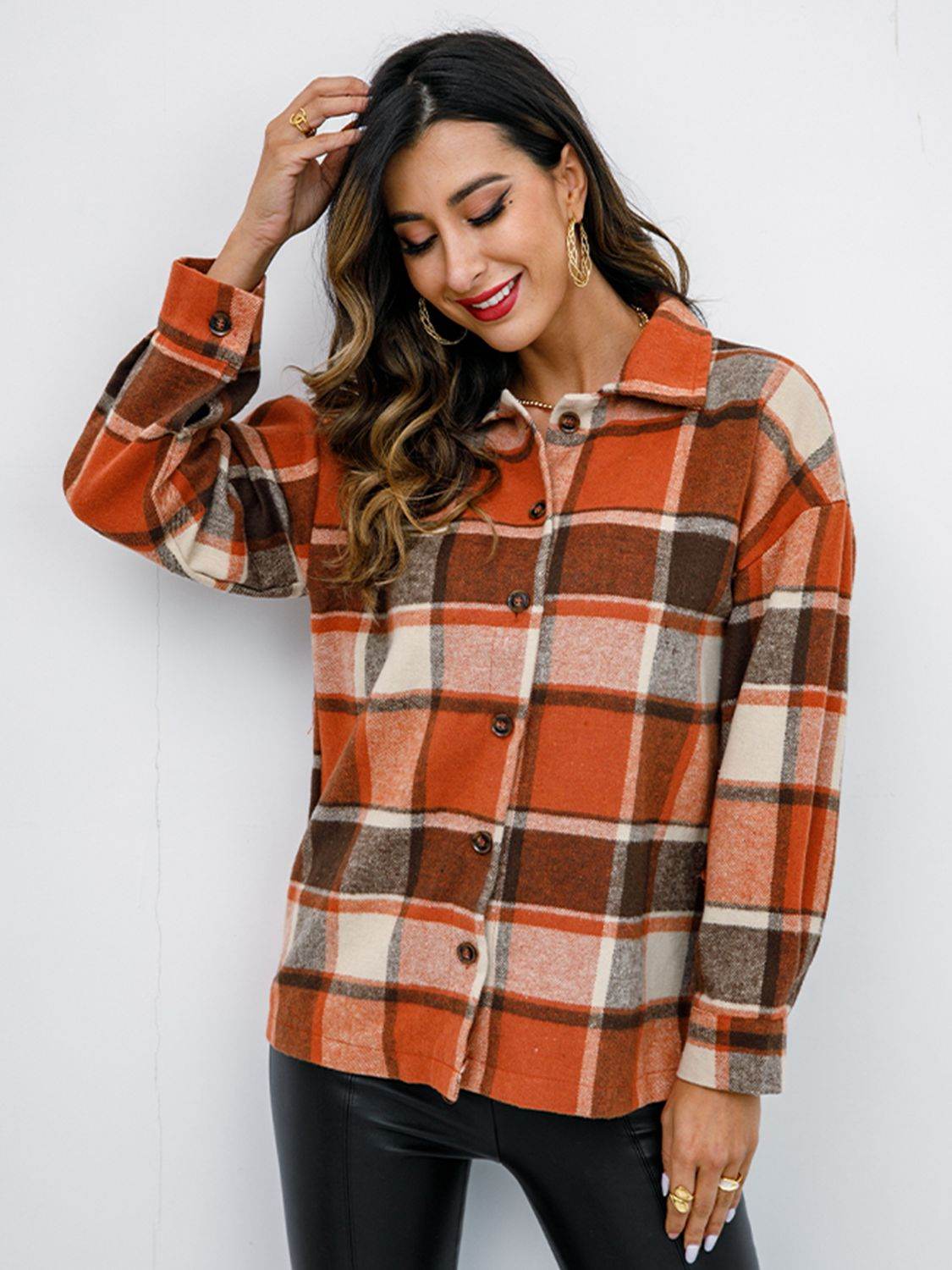 Shiny Plaid Button Up Collared Neck Jacket - Hovatok