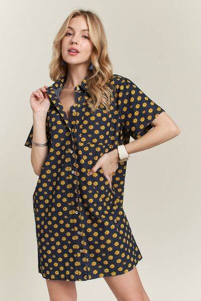 ADORA Floral Button-Up Mini Denim Dress - Hovatok