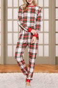 Plaid Round Neck Top and Pants Set - Hovatok