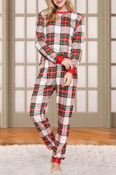 Plaid Round Neck Top and Pants Set - Hovatok