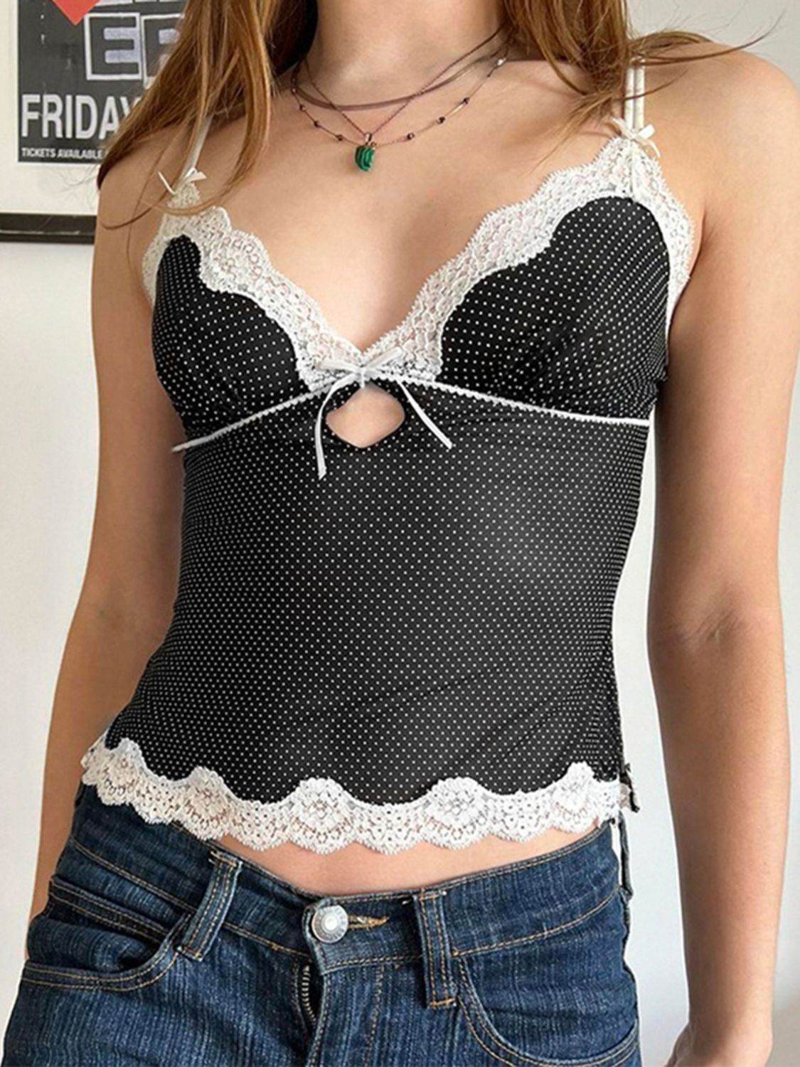 Devine Lace Detail Polka Dot V-Neck Cami - Hovatok
