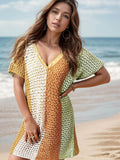 Openwork Color Block V-Neck Short Sleeve Cover-Up - Hovatok