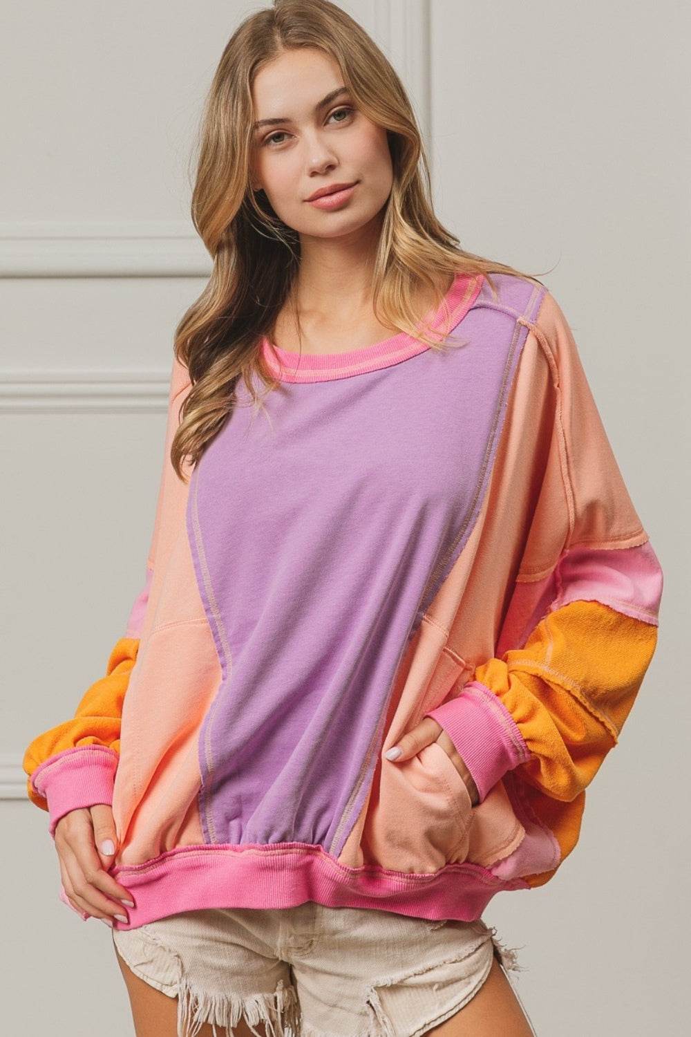 BiBi Color Block Exposed Seam Sweatshirt with Pockets - Hovatok