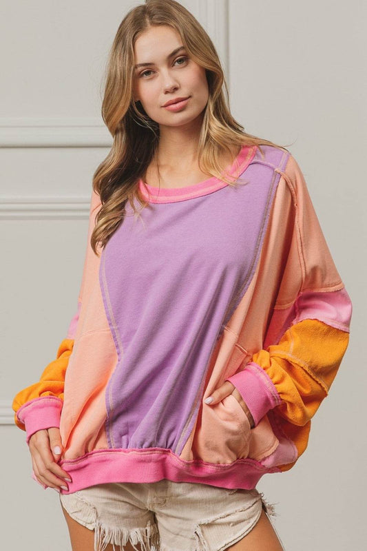BiBi Color Block Exposed Seam Sweatshirt with Pockets - Hovatok
