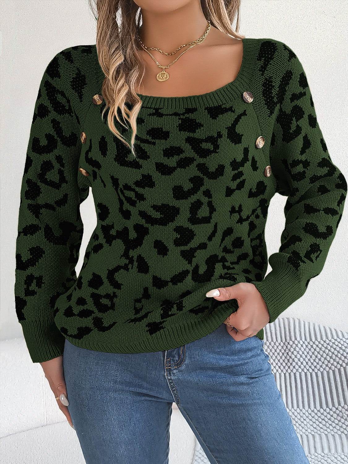 Leopard Buttoned Square Neck Sweater - Hovatok