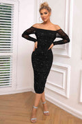 Long Sleeve Off-Shoulder Ruched Dress - Hovatok