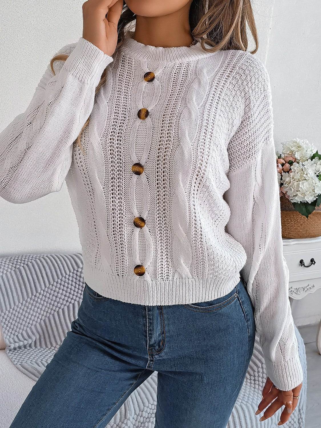 Cable-Knit Buttoned Round Neck Sweater - Hovatok