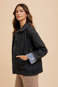 Annie Wear Quilted Printed Lining Snap Down Denim Jacket - Hovatok