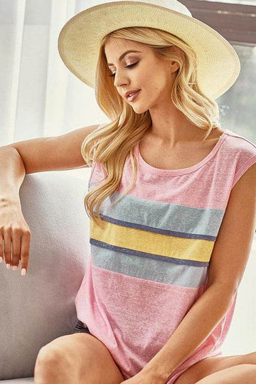 BiBi Tri blend Knit Color Block Band Front Detailed Top - Hovatok