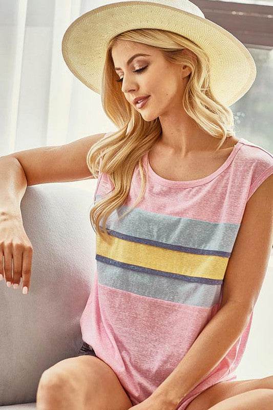 BiBi Tri blend Knit Color Block Band Front Detailed Top - Hovatok