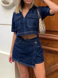 Johnny Collar Short Sleeve Top and Skort Denim Set - Hovatok