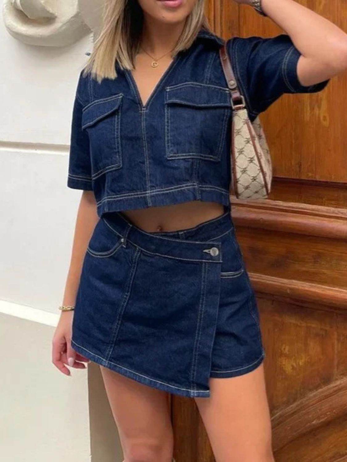 Johnny Collar Short Sleeve Top and Skort Denim Set - Hovatok