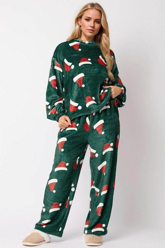 Christmas Hat Pattern Round Neck Long Sleeve Top and Pants Set - Hovatok