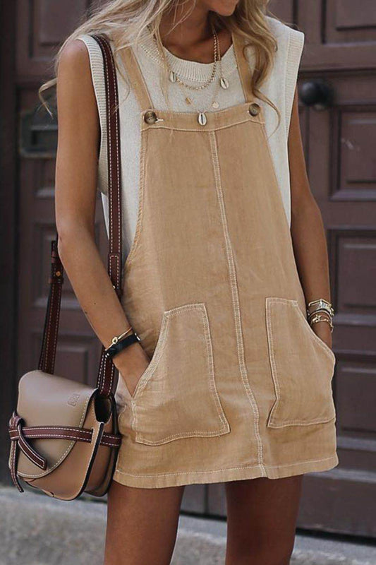 Side Buttons Square Neck Overall Mini Dress - Hovatok