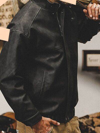 Men's Plus Size Zip Up Stand Collar Biker Jacket - Hovatok