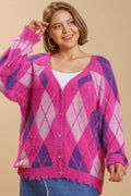 Umgee Full Size Argyle Pattern V-Neck Button Front Cardigan Plus Size - Hovatok