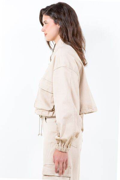 American Bazi Full Size Drawstring Hem Cargo Pocket Cropped Worker Jacket Plus Size - Hovatok