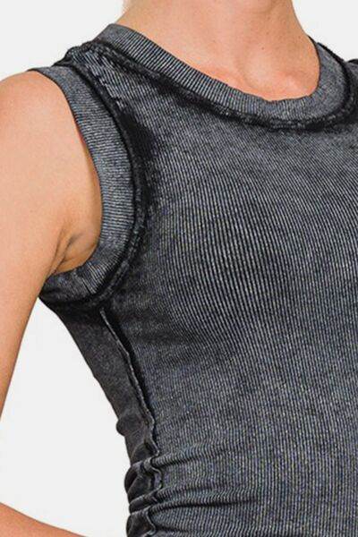 Zenana Washed Ribbed Round Neck Slim Tank - Hovatok