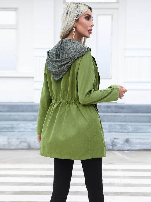 Zip Up Drawstring Hooded Trench Coat - Hovatok