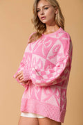 Double Take Full Size Checkered Bow Contrast Long Sleeve Sweater - Hovatok