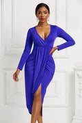 High-low Ruched Surplice Long Sleeve Dress - Hovatok