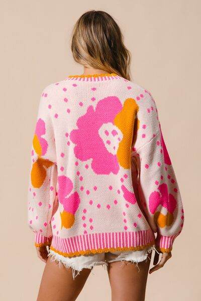 BiBi Flower Pattern Contrast Sweater - Hovatok