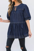 Tie Neck Babydoll Denim Top - Hovatok