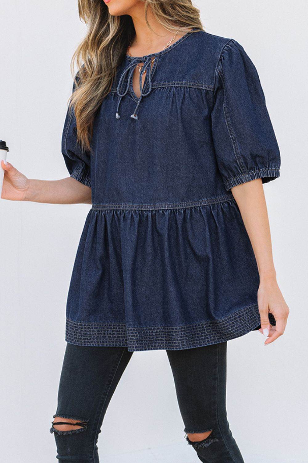 Tie Neck Babydoll Denim Top - Hovatok
