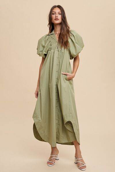 Annie Wear Smocked Puff Sleeve Midi Dress - Hovatok