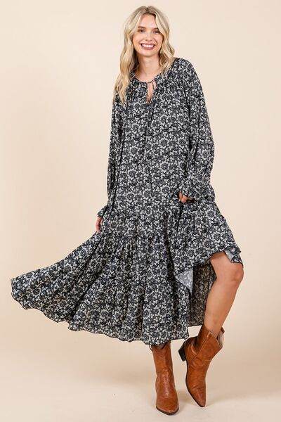 Mittoshop Printed Tie Neck Flounce Sleeve Midi Dress - Hovatok