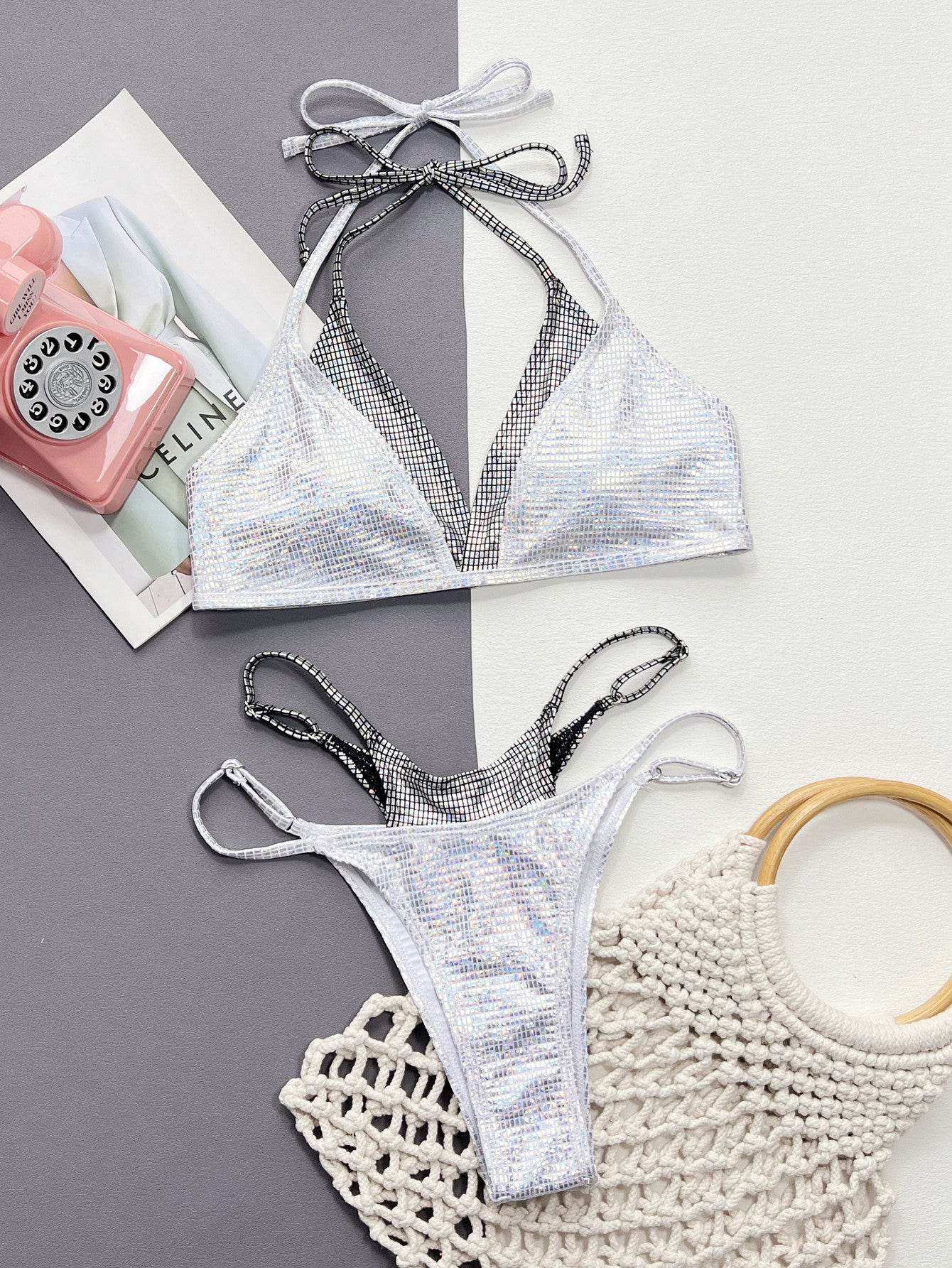 Faux Layered Halter Neck Two-Piece Bikini Set - Hovatok