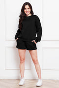 Round Neck Long Sleeve Sweatshirt and Drawstring Shorts Set - Hovatok