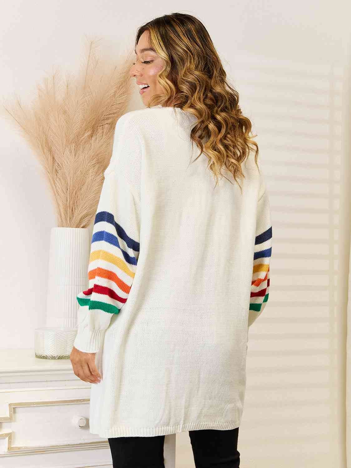 Angel Wings Striped Open Front Dropped Shoulder Cardigan - Hovatok