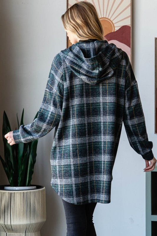 Heimish Plaid Button Down Long Sleeve Hooded Cardigan - Hovatok