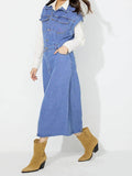 Slit Half Button Collared Neck Cap Sleeve Denim Dress - Hovatok