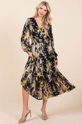 Mittoshop Flower Print Satin Lurex Stripe Smocked Midi Dress - Hovatok