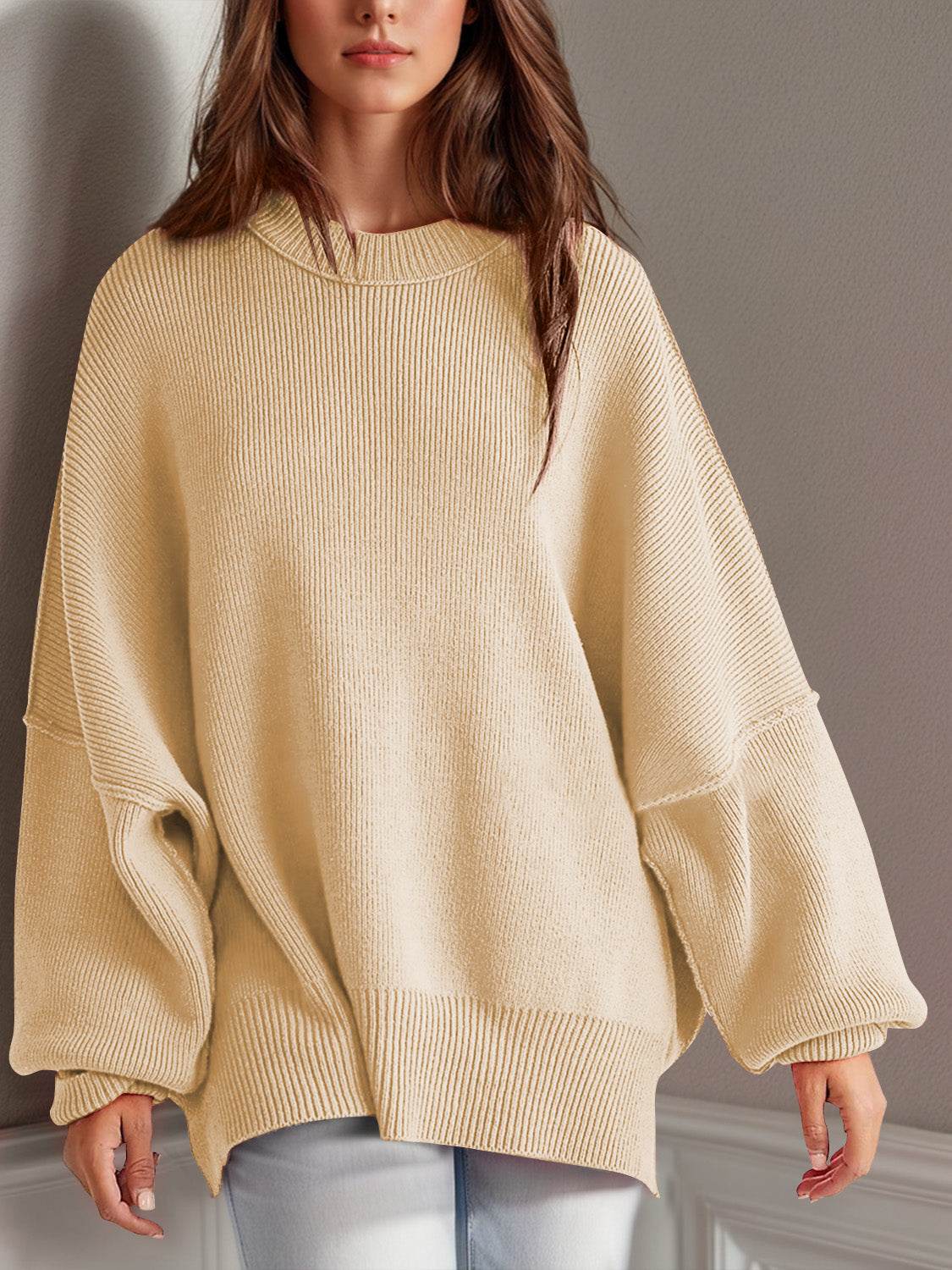 Double Take Side Slit Round Neck Long Sleeve Sweater - Hovatok