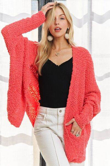 ADORA Popcorn Knit Open Front Long Sleeve Cardigan - Hovatok