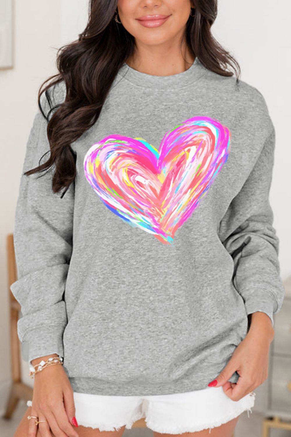 Valentine’s Day Heart Round Neck Drop Shoulder Sweatshirt - Hovatok