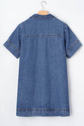 Short Sleeve Collared Patched Pocket Denim Mini Dress - Hovatok