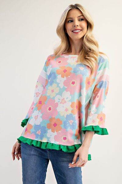 Celeste Full Size Floral Ruffle Hem Round Neck Blouse Plus Size - Hovatok