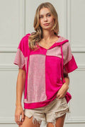 BiBi Color Block Exposed Seam Short Sleeve Hooded Top - Hovatok