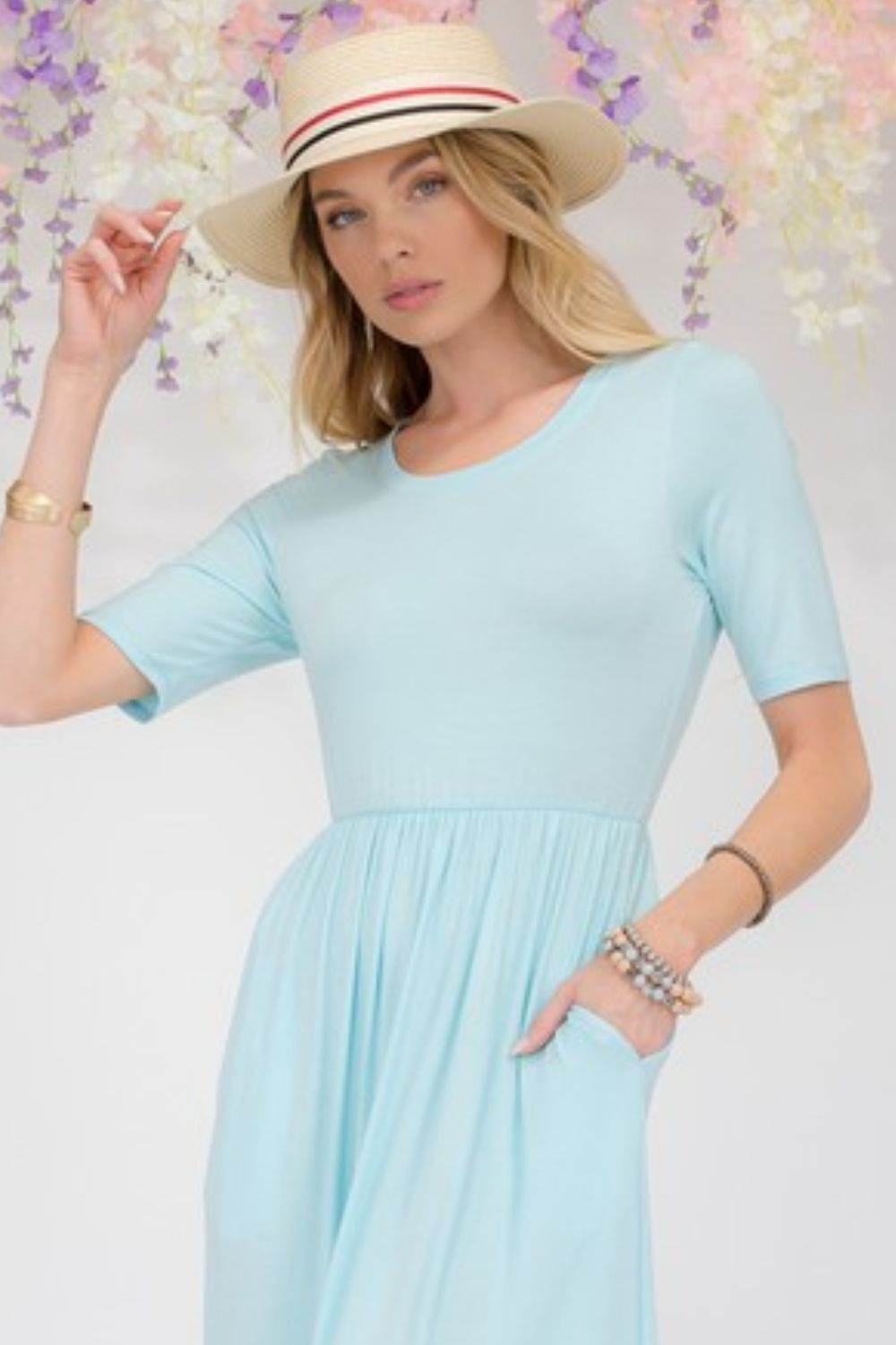 Celeste Full Size Round Neck Short Sleeve Maxi Dress with Pockets Plus Size - Hovatok