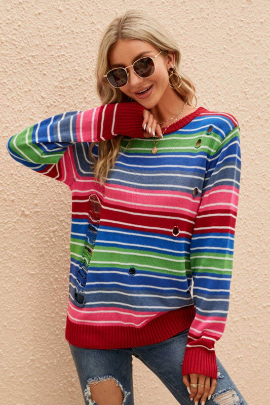 Striped Distressed Cutout Round Neck Sweater - Hovatok