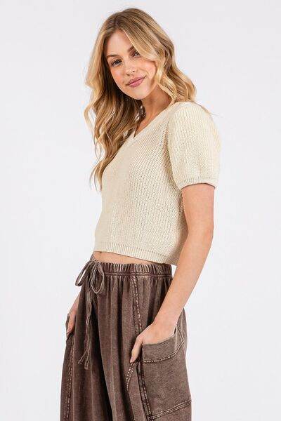 Mittoshop V-Neck Short Sleeve Crop Sweater - Hovatok