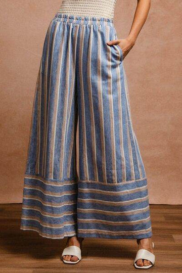 BiBi Striped Wide Leg Pants with Pockets - Hovatok