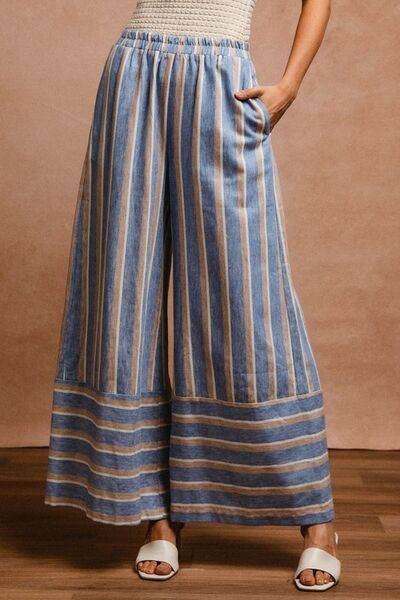 BiBi Striped Wide Leg Pants with Pockets - Hovatok