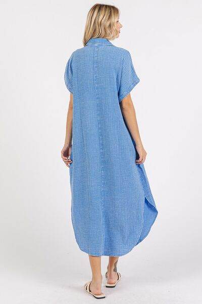 Mittoshop Mineral Wash V Neck Button Up Midi Shirt Dress - Hovatok
