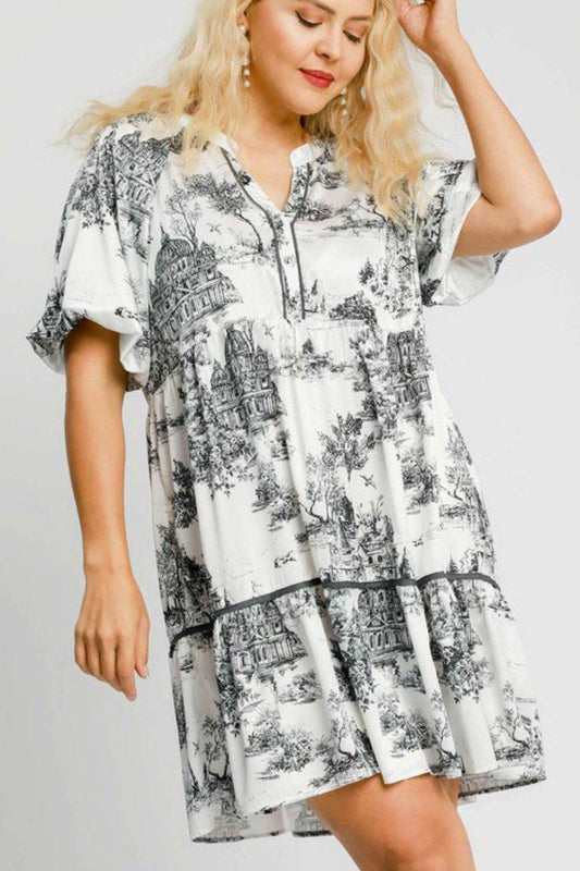 Umgee Full Size Two Tone Landscape Print Dress Plus Size - Hovatok