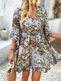 Devine Printed Surplice Ruffled 3/4 Sleeve Mini Dress - Hovatok
